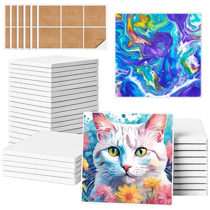 Ceramic Tiles for Crafts 36 Pack Unglazed Blank Coasters White Tiles with 36 Cork Backing Pads for Alcohol Ink Painting Acrylic Pouring Art Projects Square 4 Inch