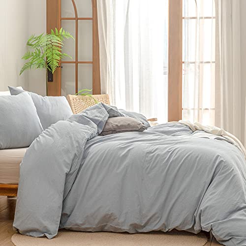 BESTOUCH Duvet Cover Set 100% Washed Cotton Linen Feel Super Soft Comfortable Chic Lightweight 3 PCs Home Bedding Set Solid Cornflower Blue Super Queen - Image 3