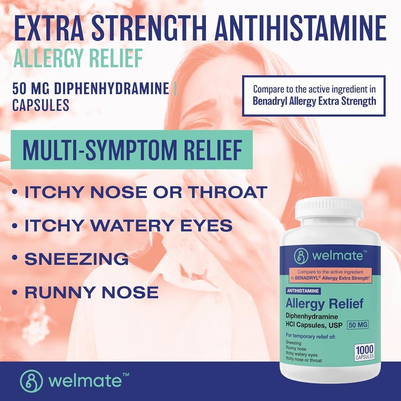 WELMATE Allergy Relief  Diphenhydramine 50 mg  1000 Count Capsules  Antihistamine  Allergy  Cold Symptoms  Sneezing Runny Nose Itchy Eyes  Throat - Image 2
