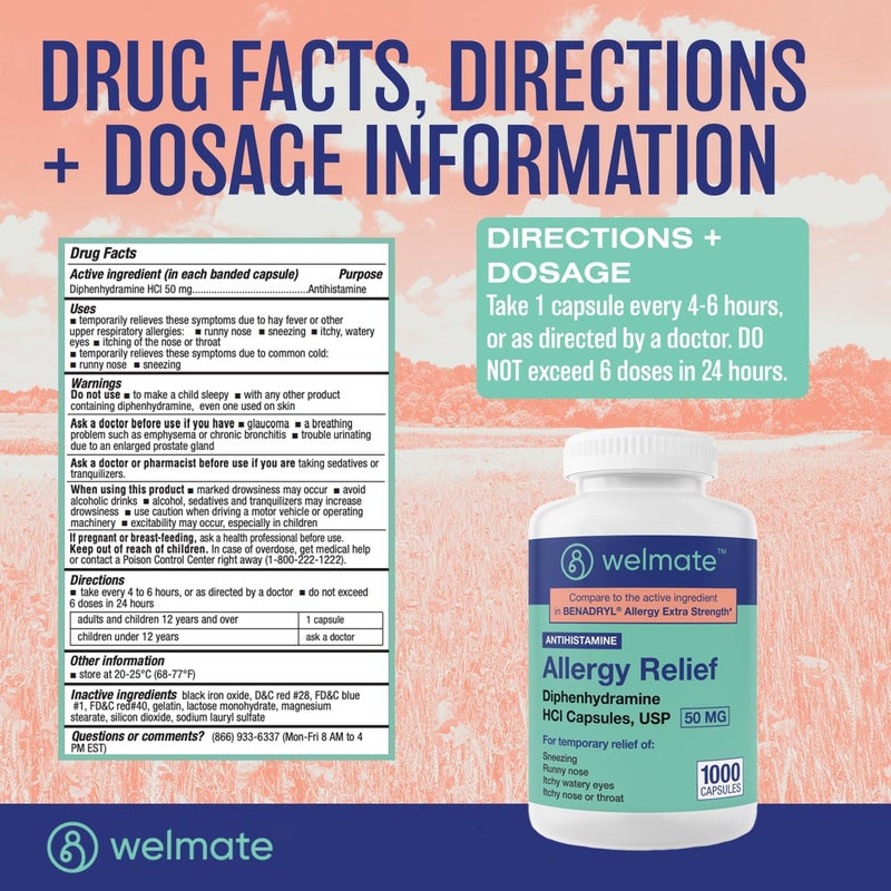 WELMATE Allergy Relief  Diphenhydramine 50 mg  1000 Count Capsules  Antihistamine  Allergy  Cold Symptoms  Sneezing Runny Nose Itchy Eyes  Throat - Image 4