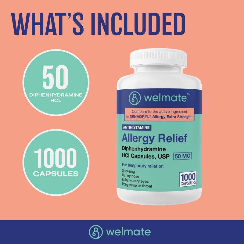 WELMATE Allergy Relief  Diphenhydramine 50 mg  1000 Count Capsules  Antihistamine  Allergy  Cold Symptoms  Sneezing Runny Nose Itchy Eyes  Throat - Image 5