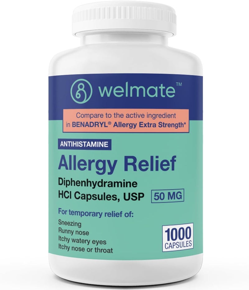 WELMATE Allergy Relief  Diphenhydramine 50 mg  1000 Count Capsules  Antihistamine  Allergy  Cold Symptoms  Sneezing Runny Nose Itchy Eyes  Throat - Image 1