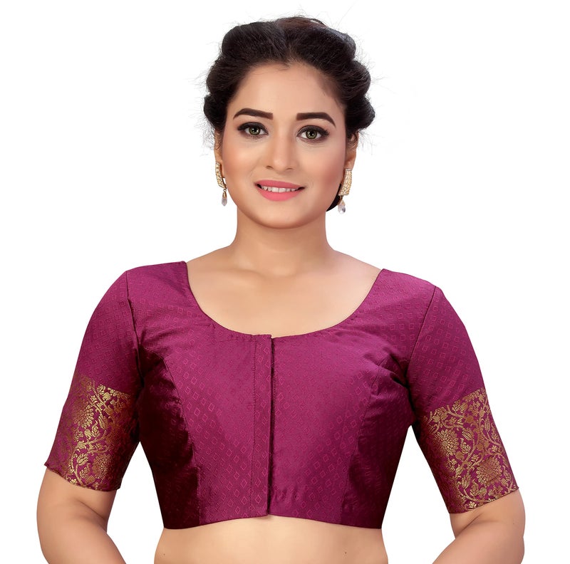 Studio Shringaar Women's Readymade Brocade Saree Blouse with Kanjivaram Border Elbow Length Sleeves(Wine, 44) - Image 1