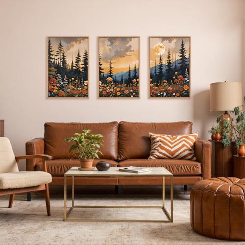 KAIRNE Mountain Forest Landscape Framed Wall Art Set of 3, Nature Full Moon Pine Tree Scenery Wall Decor, Vintage Boho Sunset Flowers for Living Room Bedroom Office - 16×24inch - Image 2