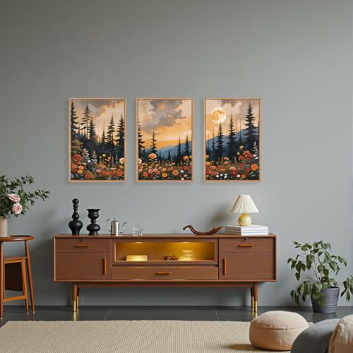 KAIRNE Mountain Forest Landscape Framed Wall Art Set of 3, Nature Full Moon Pine Tree Scenery Wall Decor, Vintage Boho Sunset Flowers for Living Room Bedroom Office - 16×24inch - Image 5
