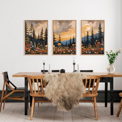 KAIRNE Mountain Forest Landscape Framed Wall Art Set of 3, Nature Full Moon Pine Tree Scenery Wall Decor, Vintage Boho Sunset Flowers for Living Room Bedroom Office - 16×24inch - Image 4
