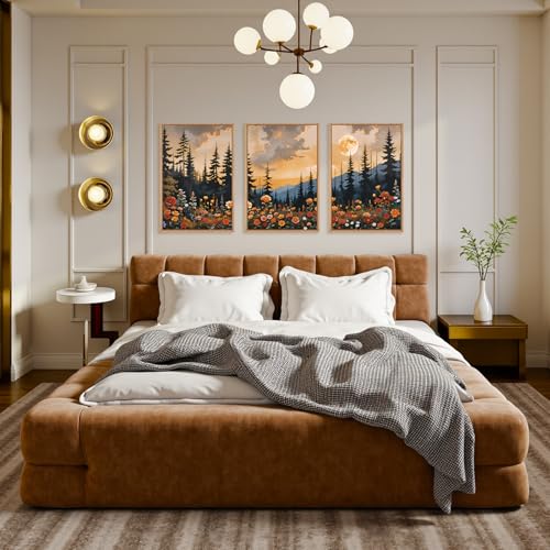 KAIRNE Mountain Forest Landscape Framed Wall Art Set of 3, Nature Full Moon Pine Tree Scenery Wall Decor, Vintage Boho Sunset Flowers for Living Room Bedroom Office - 16×24inch - Image 3