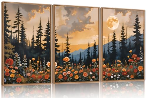 KAIRNE Mountain Forest Landscape Framed Wall Art Set of 3, Nature Full Moon Pine Tree Scenery Wall Decor, Vintage Boho Sunset Flowers for Living Room Bedroom Office - 16×24inch - Image 1