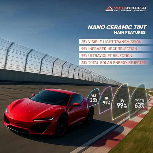MotoShield Pro 25 VLT Nano Ceramic Window Tint for Car 20 in x 10 ft 2PLY Roll High Heat Rejection Glare Reduction Auto Tint Privacy Film Rejects up to 99 IRR 99 UV Blocking Easy DIY Shrink - Image 3