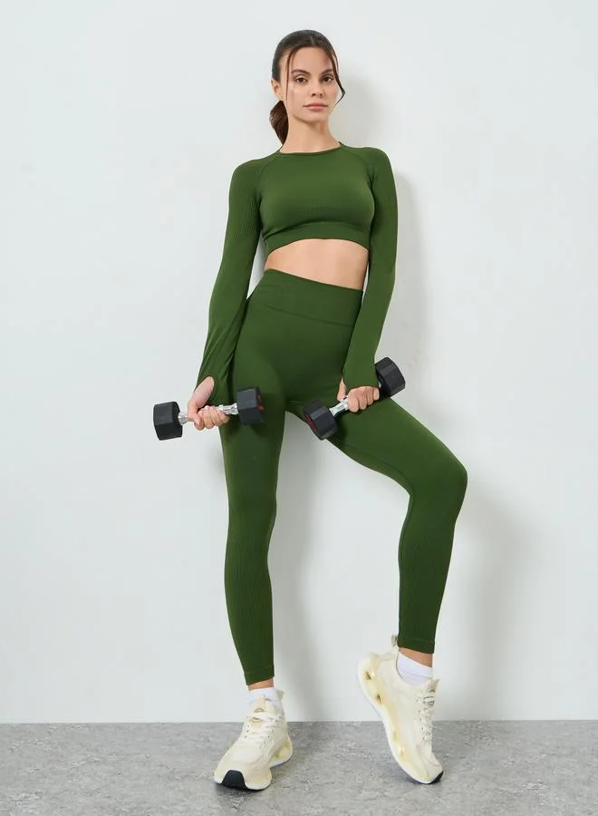 Styli Active Green Tonal Jacquard Thumbhole Detail Crop Top and Scrunch Back Leggings Set