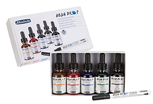 Schmincke - AQUA DROP, liquid watercolor, 5 x 30 ml transparent colors + LINER with brush tip, 78 105 097, Set for watercolor painting, calligraphy, handlettering, airbrushing - Image 1