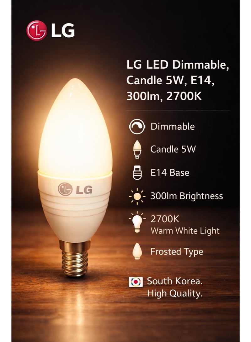 LG Dimmable LED Candle Bulb Set of 5, 5W E14 300lm 2700K Warm White Frosted | Energy Saving Decorative Light | Made in South Korea - Image 2
