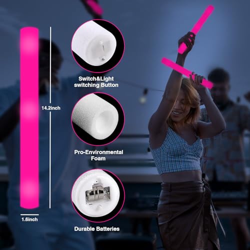 YOFOBU 60Pack LED Glow Foam Sticks BulkLight Up Glow Sticks with 3 Flashing ModesGlow Wands Party PackGlow In The Dark Party Supplies for Valentines DayJuly 4th WeddingBirthdayConcertPink - Image 5
