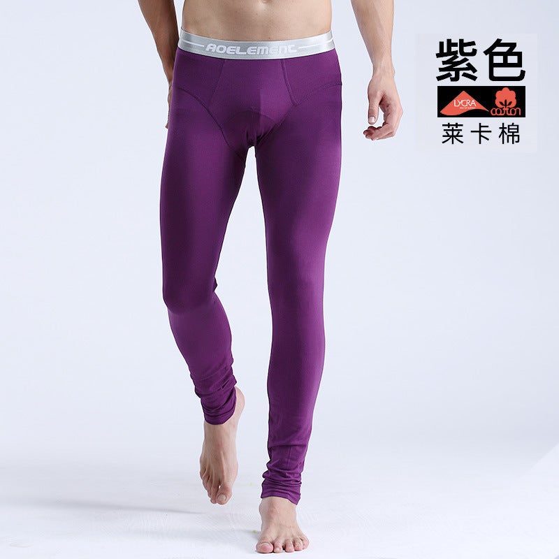 Mens long johns single thin tight pants youth line pants warm pants slim autumn and winter leggings cotton wool pants Purple (Lycra cotton) 