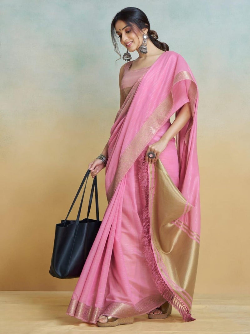 EthnicJunction Women's Solid Cotton Silk Woven Saree With Blouse Piece - Image 2