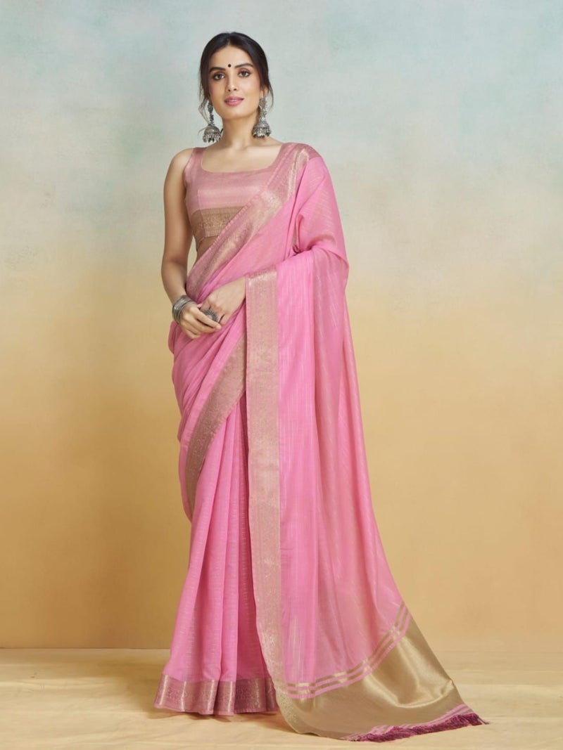 EthnicJunction Women's Solid Cotton Silk Woven Saree With Blouse Piece - Image 4