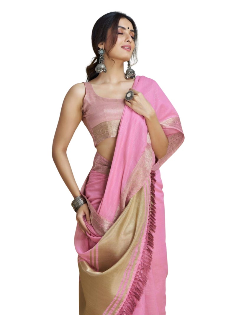 EthnicJunction Women's Solid Cotton Silk Woven Saree With Blouse Piece - Image 1