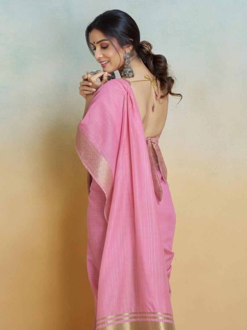 EthnicJunction Women's Solid Cotton Silk Woven Saree With Blouse Piece - Image 5