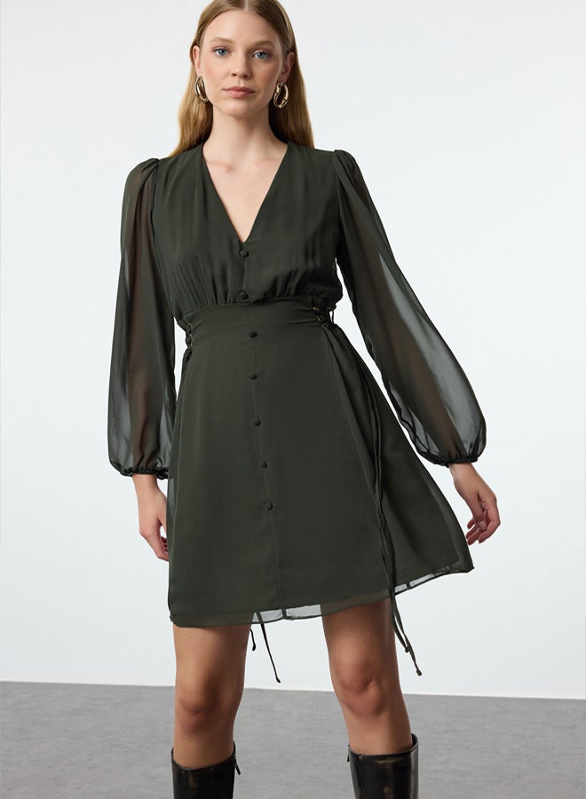 trendyol Khaki Plain Woven Dress TWOAW24EL00348 - Image 2