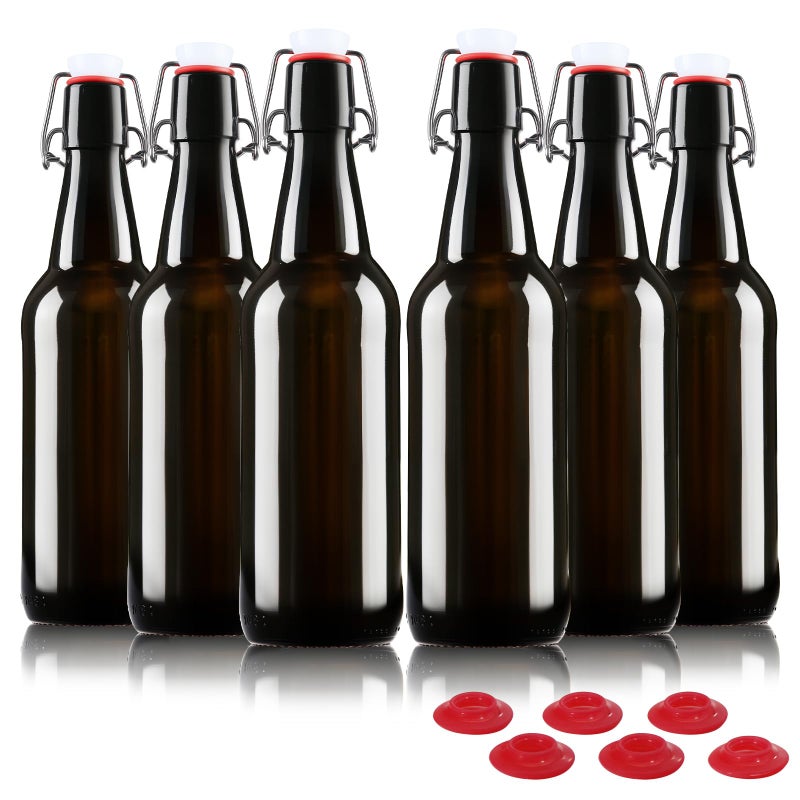YEBODA 16 oz Amber Glass Beer Bottles for Home Brewing with Flip Caps, Case of 6 - Image 1