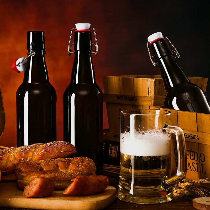 YEBODA 16 oz Amber Glass Beer Bottles for Home Brewing with Flip Caps, Case of 6 - Image 2