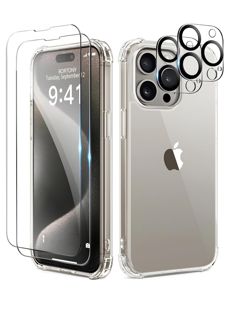 ELTRAZONE iPhone 15 Pro Clear Case Bundle - [5-Piece Set] with 2 Screen Protectors, 2 Camera Lens Protectors, Military-Grade Shockproof Slim Bumper, 6.7 Inch Transparent - Image 1