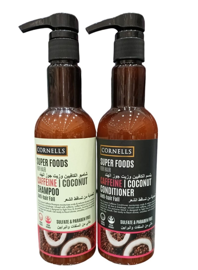 شامبو500 مل وبلسم 500 مل بخلاصة الكافيين وزيت جوز الهند خالي من السلفات والبرابين للحماية من تساقط الشعر