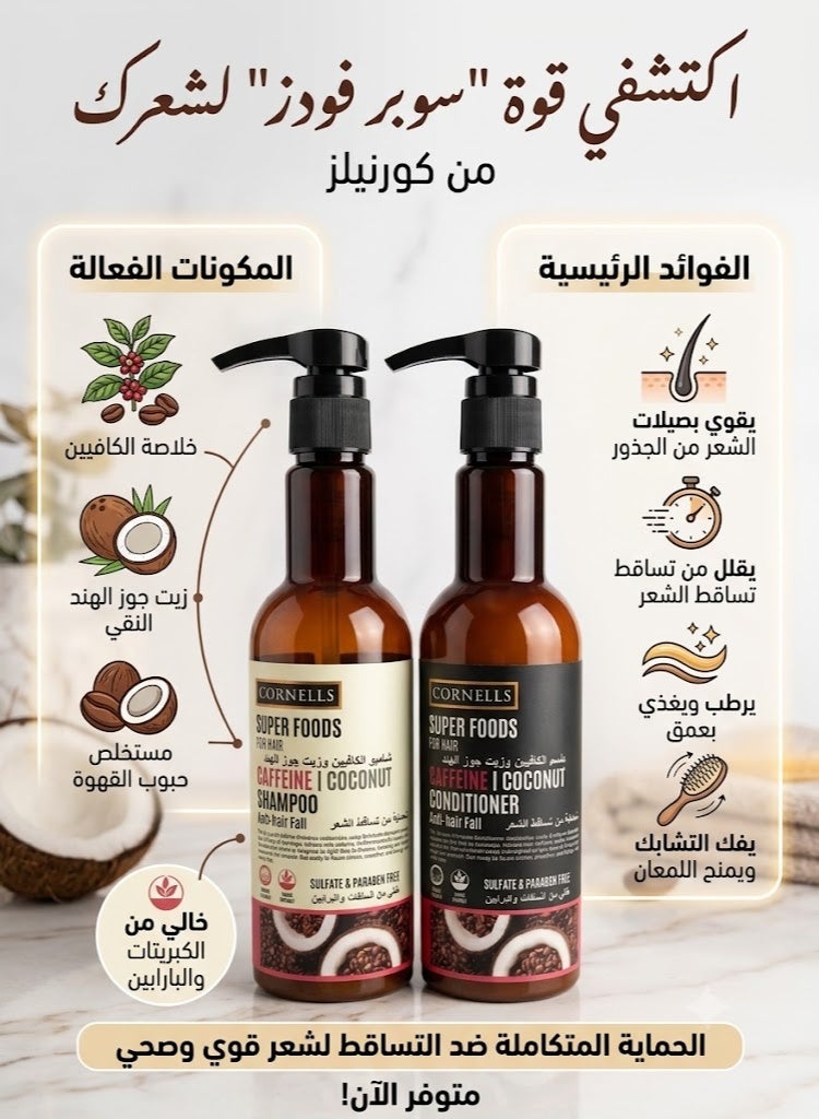 CORNELLS Shampoo 500 ml and Conditioner 500 ml With Caffeine Extract and Coconut Oil  Free of Sulfates and Parabens  to Protect Against Hair loss - Image 2