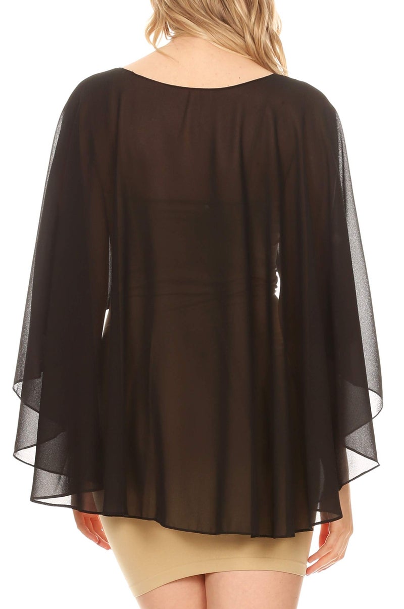 Sakkas 1921 - Anya Women's Soft Chiffon Wedding Bridesmaid Bridal Cape Wrap Bolero Shrug - Black - OS - Image 2