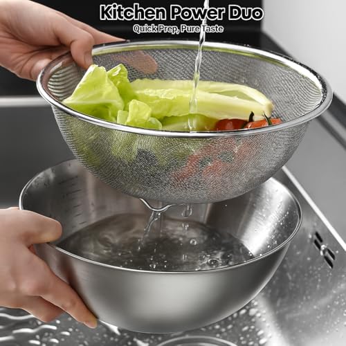 Alark Stainless Steel Rice Washing Bowl & Mixing Bowl Set Nesting Bowls with Rice Kitchen Strainer Washer Basin Vegetable Fruits Pasta Mixing Food Washing Dishwasher Safe Micro Perforated Colander - Image 3