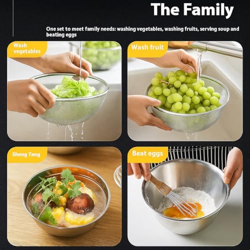 Alark Stainless Steel Rice Washing Bowl & Mixing Bowl Set Nesting Bowls with Rice Kitchen Strainer Washer Basin Vegetable Fruits Pasta Mixing Food Washing Dishwasher Safe Micro Perforated Colander - Image 5