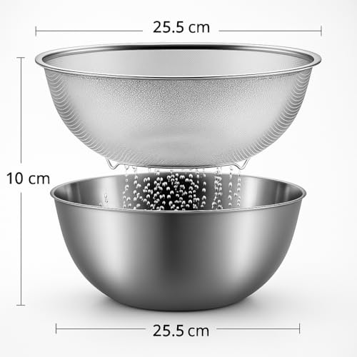 Alark Stainless Steel Rice Washing Bowl & Mixing Bowl Set Nesting Bowls with Rice Kitchen Strainer Washer Basin Vegetable Fruits Pasta Mixing Food Washing Dishwasher Safe Micro Perforated Colander - Image 4