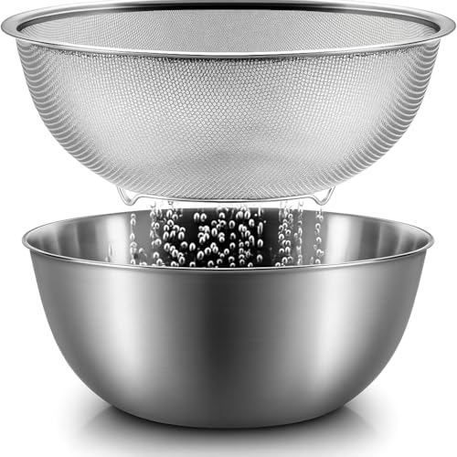 Alark Stainless Steel Rice Washing Bowl & Mixing Bowl Set Nesting Bowls with Rice Kitchen Strainer Washer Basin Vegetable Fruits Pasta Mixing Food Washing Dishwasher Safe Micro Perforated Colander - Image 1