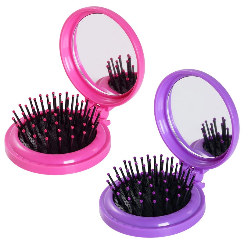 Heliltd 2pcs Folding Travel Mirror Hair Brushes Round Mirror Pocket Hair Brush Portable Mini Pop Up Hair Brushes for Women Girls Wet and Dry Hair - Image 1