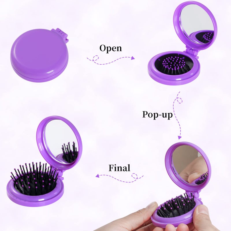 Heliltd 2pcs Folding Travel Mirror Hair Brushes Round Mirror Pocket Hair Brush Portable Mini Pop Up Hair Brushes for Women Girls Wet and Dry Hair - Image 4