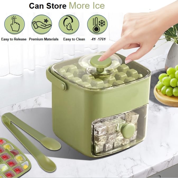 TAREG Ice Cube Tray with Lid & Bin Ice Maker for Freezer Ice Trays Ice Container- Ice Molds for Whiskey, Cocktail, Coffee Drinks, Beer with Ice Tongs Kitchen Gadgets Tools (Green) - Image 4
