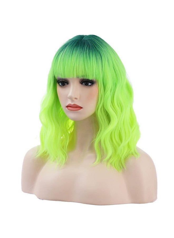 BERON 14 Inches Neon Green Wig Short Curly Wig Lemon Green Wig With Bangs Dark Root Ombre Green Wig Synthetic Wigs Women Girls Ombre Wig With Wig Cap - Image 1
