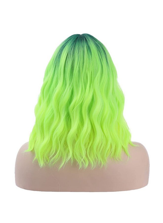 BERON 14 Inches Neon Green Wig Short Curly Wig Lemon Green Wig With Bangs Dark Root Ombre Green Wig Synthetic Wigs Women Girls Ombre Wig With Wig Cap - Image 5