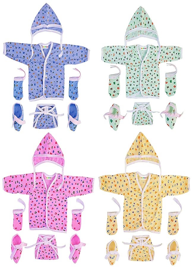 Bantoo New Born Baby Clothes|Jhabla Set|Clothing Sets|Nappy & Caps|Mittens & Booties|Gift Pack|Combo|Baby Shower|Grooming Kit|Products All|Essentials (0-6 Months) Pack Of 4,Multicolor - Image 1