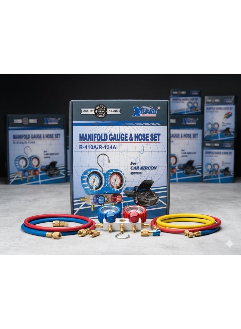XPERT Manifold Gauge & Hose Set for R410A / R134A / R404A / R22 Car & AC Refrigerant Systems – Professional AC Pressure Gauge Kit with 3 Charging Hoses - Image 2