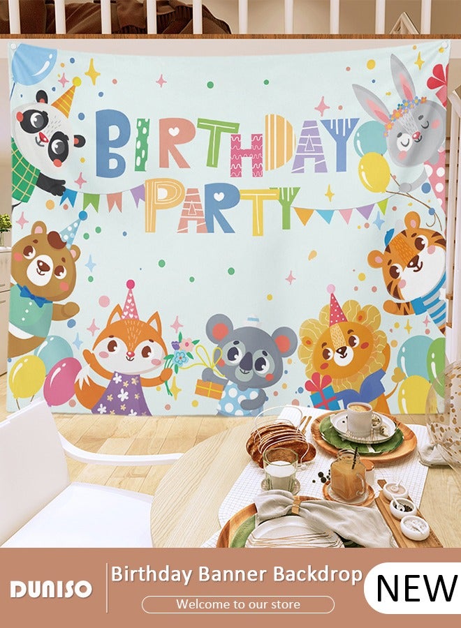 DUNISO Animal Birthday Banner for Kids, Animal Happy Birthday Photography Background, Watercolor Cartoon Animal Birthday Party Backdrop Tapestry, Foldable Animal Theme Background Cloth for Birthday Party Decoration Supplies - Image 1