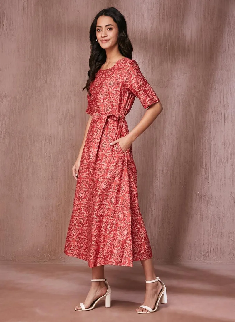 Fabindia Pink Cotton Silk Printed Midi Dress