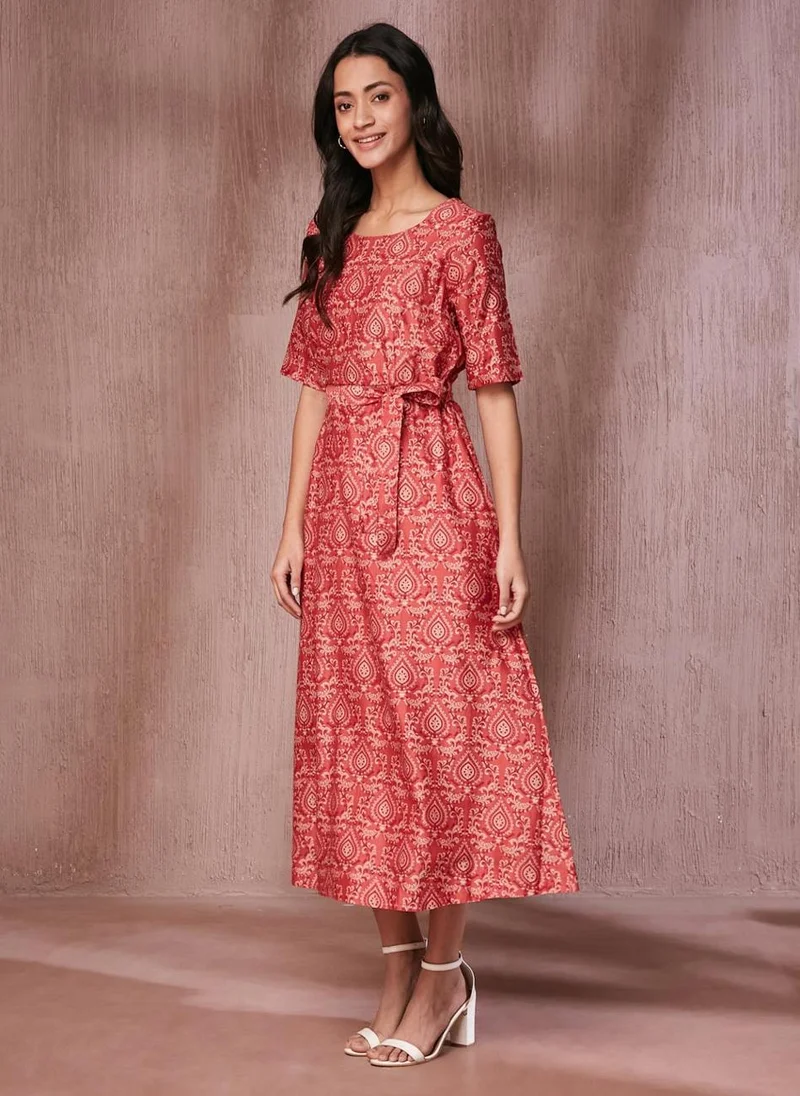 Fabindia Pink Cotton Silk Printed Midi Dress