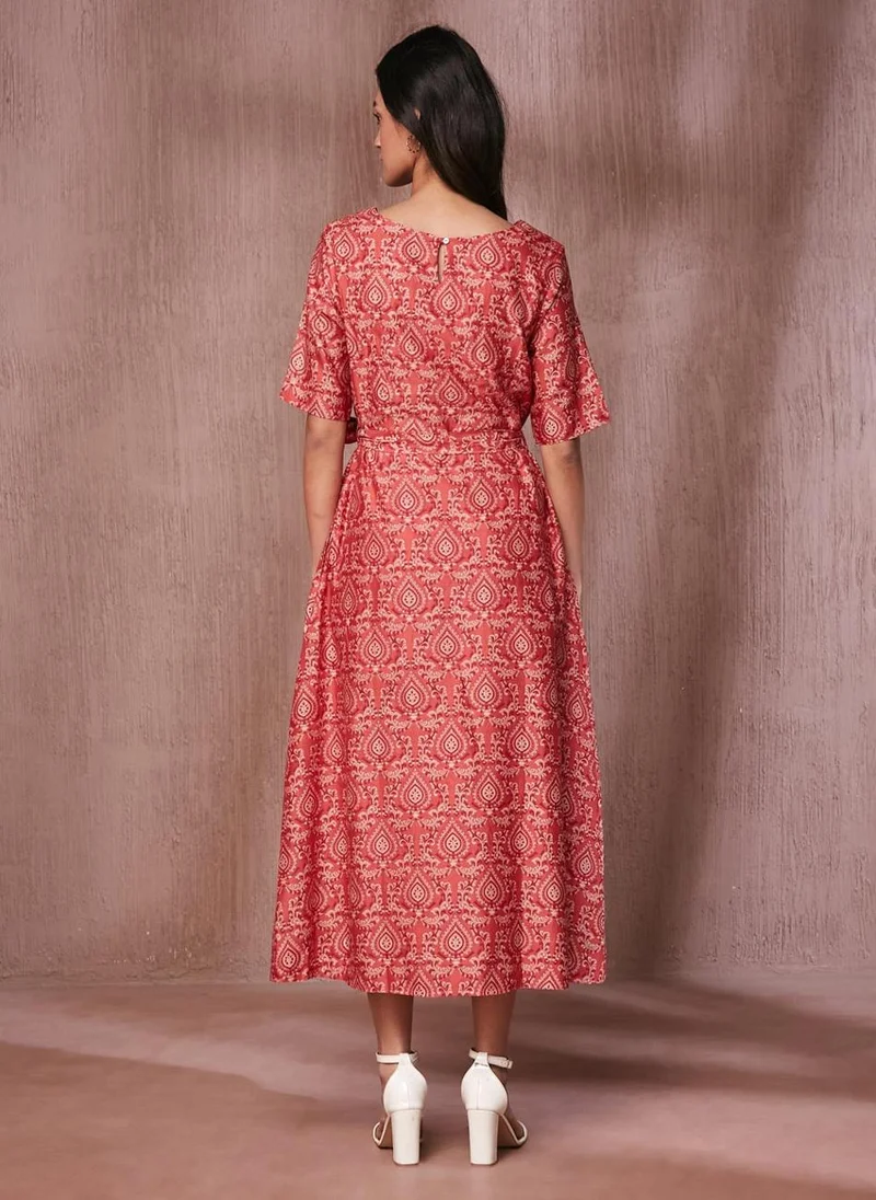 Fabindia Pink Cotton Silk Printed Midi Dress