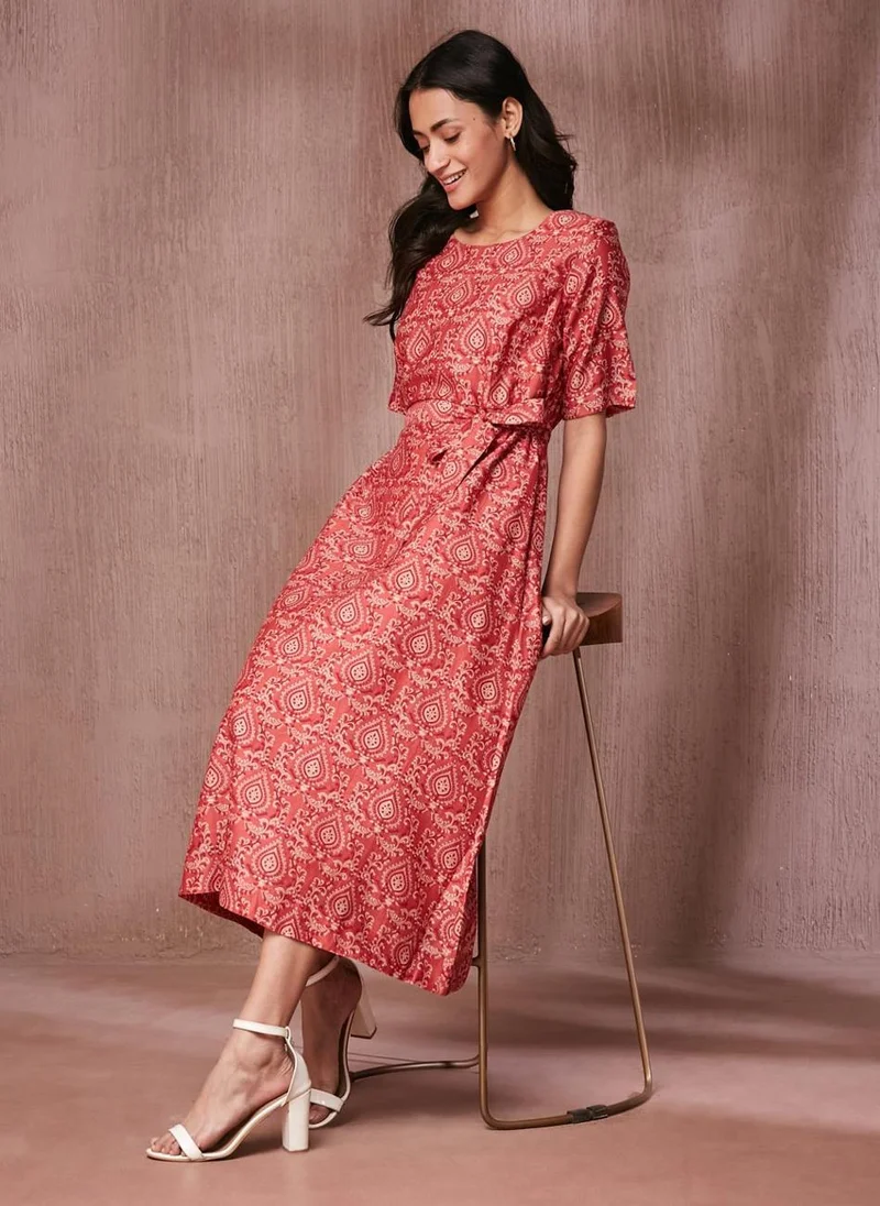 Fabindia Pink Cotton Silk Printed Midi Dress