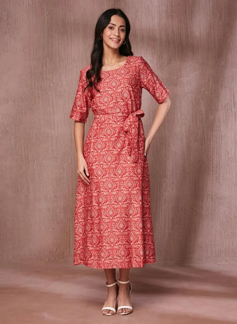 Fabindia Pink Cotton Silk Printed Midi Dress