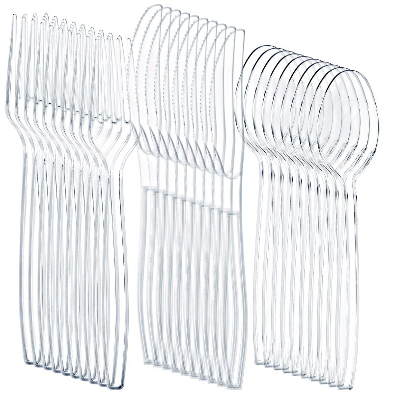 Liacere 360PCS Heavy Duty Clear Plastic Silverware 150 Forks 150 Spoons 60 Knives BPAFree Heat Resistant Disposable Plastic Utensils Set Plastic Cutlery Set Plasticware Bulk for Party