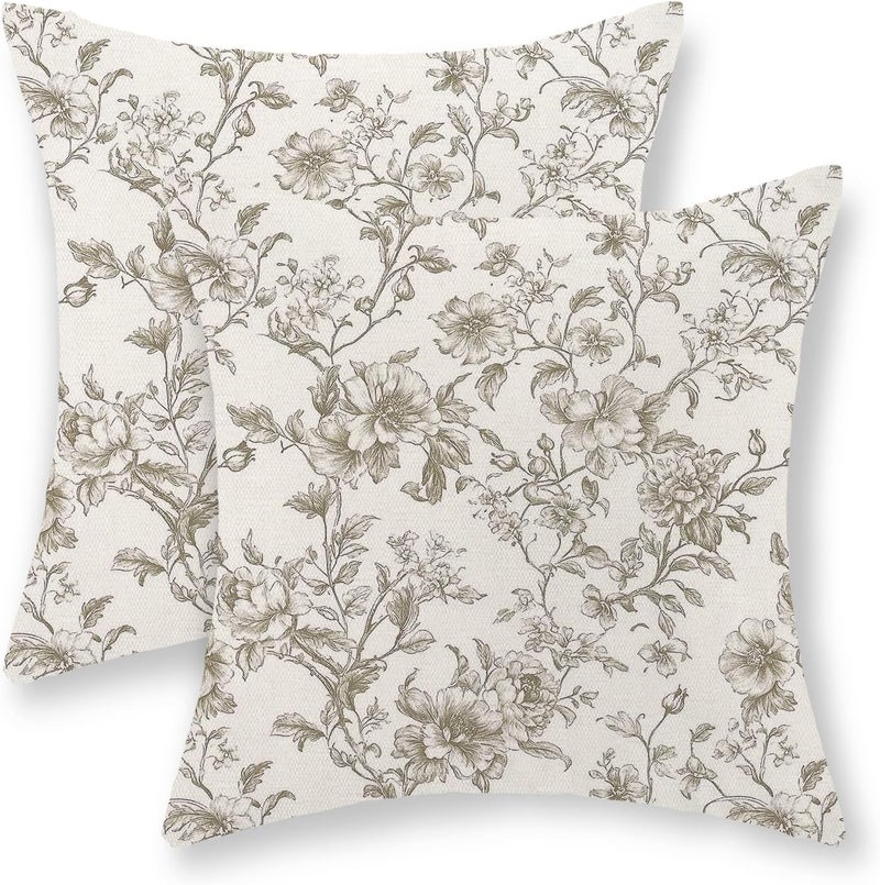 GOLIANDA Tan Khaki Pillow Covers 18x18 Set of 2 Vintage Floral Chinoiserie Throw Pillows Rustic Toile Flower Decorative Pillowcase Outdoor Chinoiserie Decor Farmhouse Linen Cushion Case for Couch Sofa - Image 1