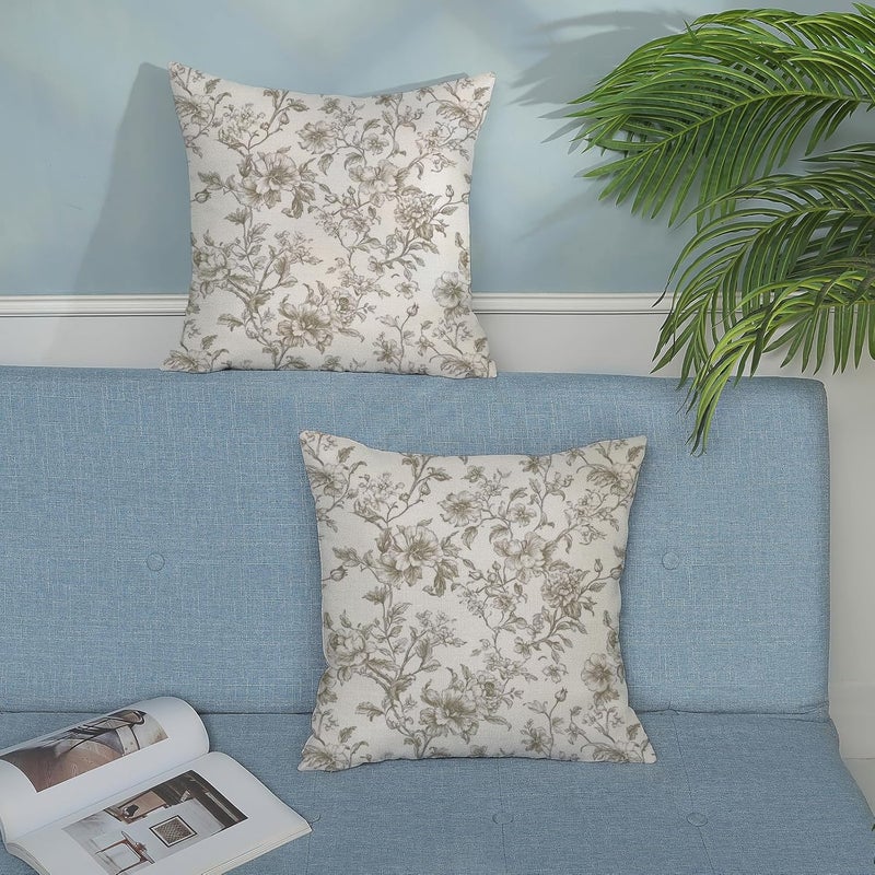 GOLIANDA Tan Khaki Pillow Covers 18x18 Set of 2 Vintage Floral Chinoiserie Throw Pillows Rustic Toile Flower Decorative Pillowcase Outdoor Chinoiserie Decor Farmhouse Linen Cushion Case for Couch Sofa - Image 3