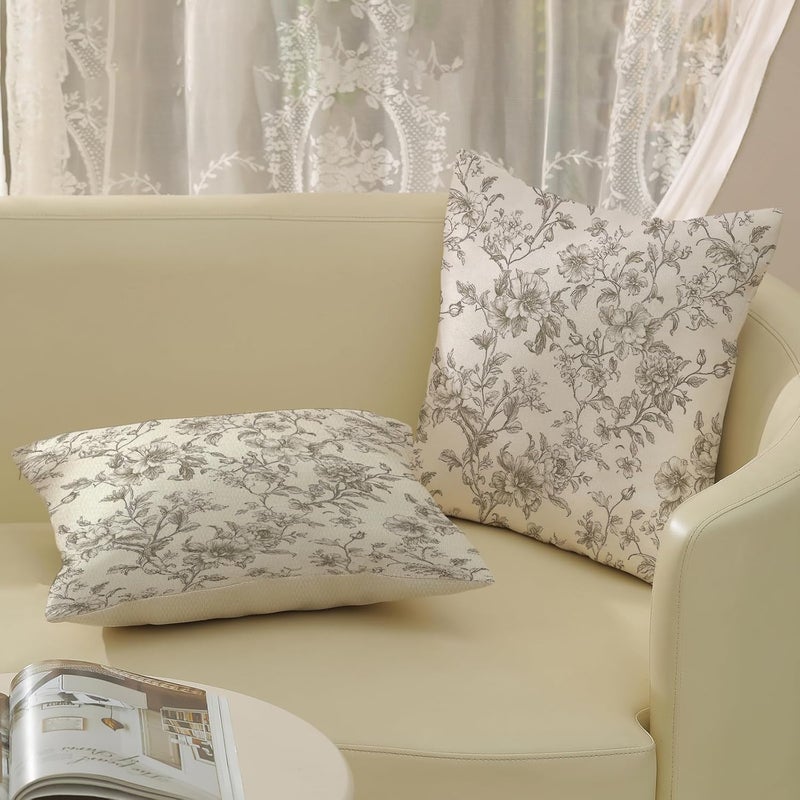 GOLIANDA Tan Khaki Pillow Covers 18x18 Set of 2 Vintage Floral Chinoiserie Throw Pillows Rustic Toile Flower Decorative Pillowcase Outdoor Chinoiserie Decor Farmhouse Linen Cushion Case for Couch Sofa - Image 4